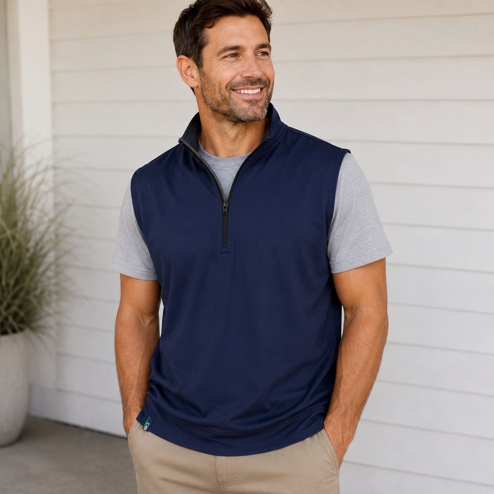 Haggar C18 Performance Quarter Zip Sleeveless Golf Pullover Vest Navy